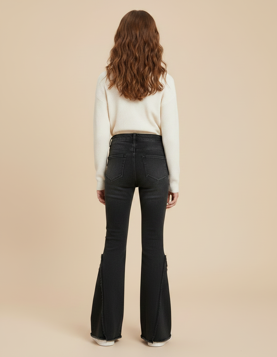 Pantalon Patte D'Éléphant Noir Délavé Franges Fille - Jean - vue 2