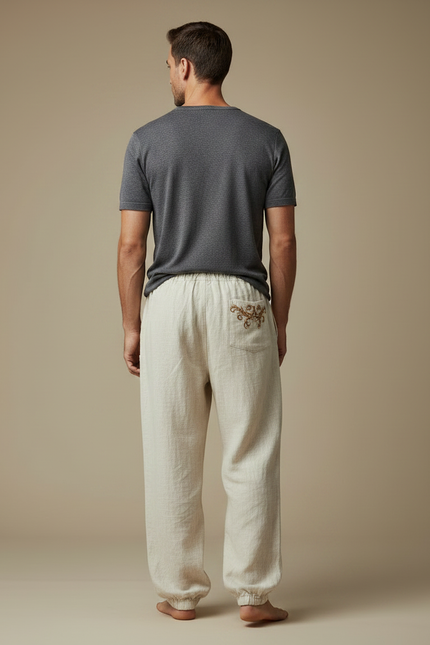 Pantalon Patte D'Éléphant Lin Ample Ethnique Brodé Homme - Beige - vue 2