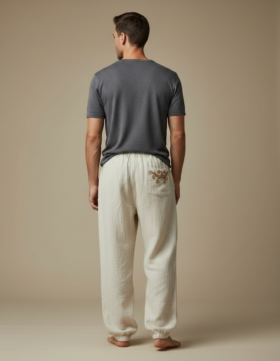 Pantalon Patte D'Éléphant Lin Ample Ethnique Brodé Homme - Beige - vue 2
