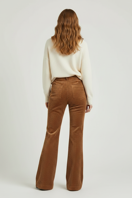 Pantalon Patte D'Éléphant Côtelé Marron Taille Haute Évasé - Cordé - vue 2