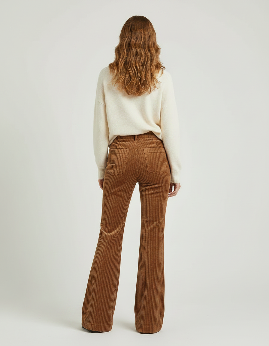 Pantalon Patte D'Éléphant Côtelé Marron Taille Haute Évasé - Cordé - vue 2