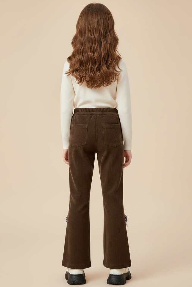 Pantalon Patte D'Éléphant Marron Côtelé Nœuds Perles Fille - Cordé - vue 2