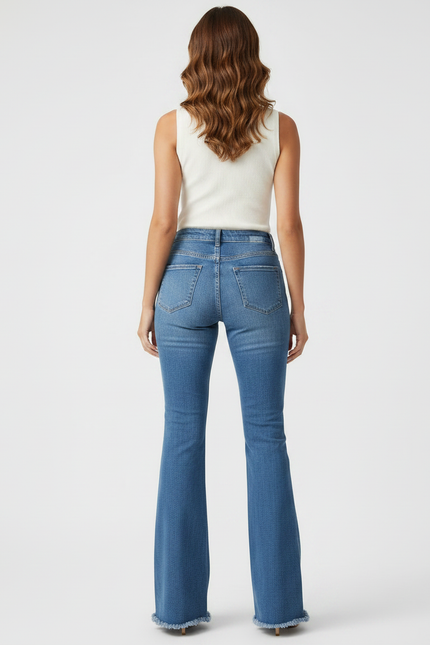 Pantalon Patte D'Éléphant Jean Brodé Floral Frangé Évasé - Bleu - vue 2