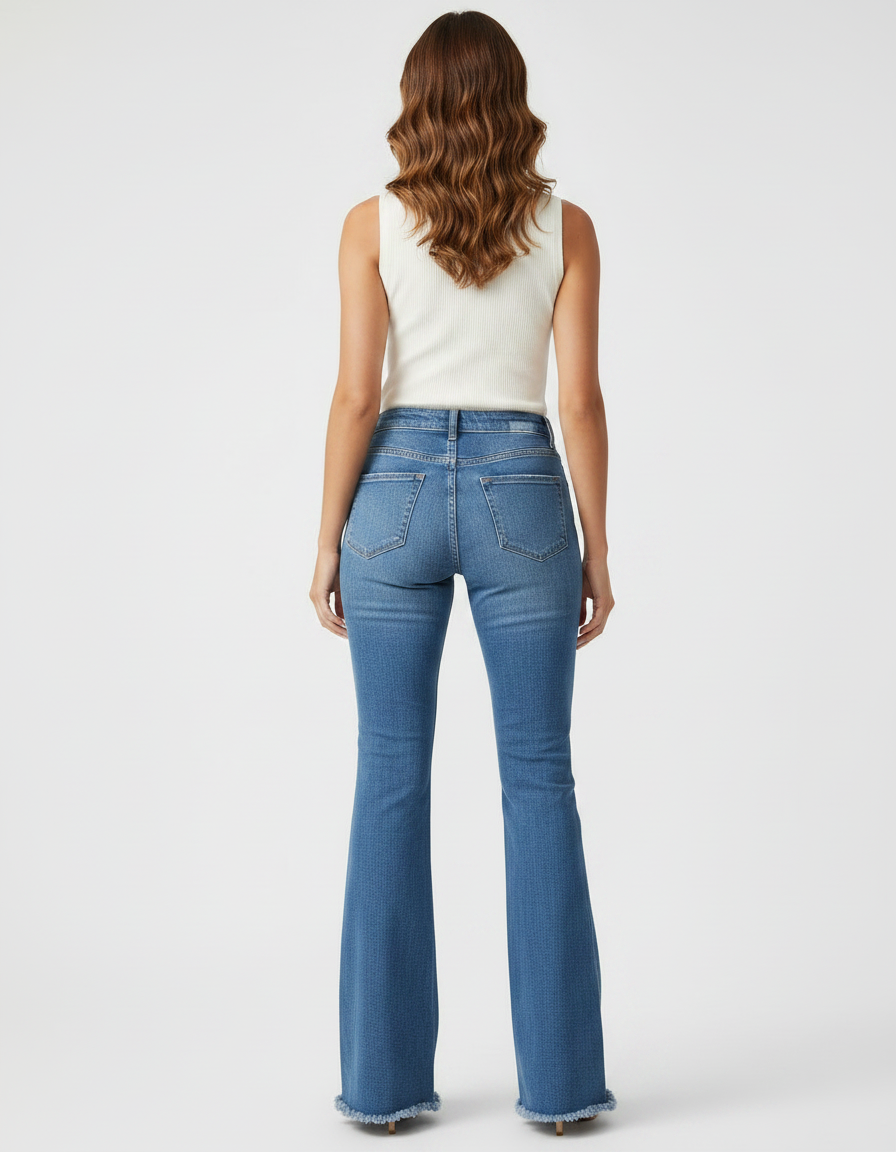 Pantalon Patte D'Éléphant Jean Brodé Floral Frangé Évasé - Bleu - vue 2