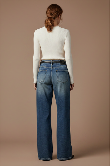 Pantalon Patte D'Éléphant Bleu Délavé Ample Vintage Taille Haute - Jean - vue 2