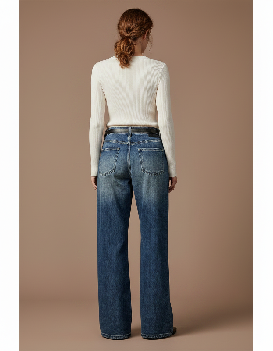 Pantalon Patte D'Éléphant Bleu Délavé Ample Vintage Taille Haute - Jean - vue 2