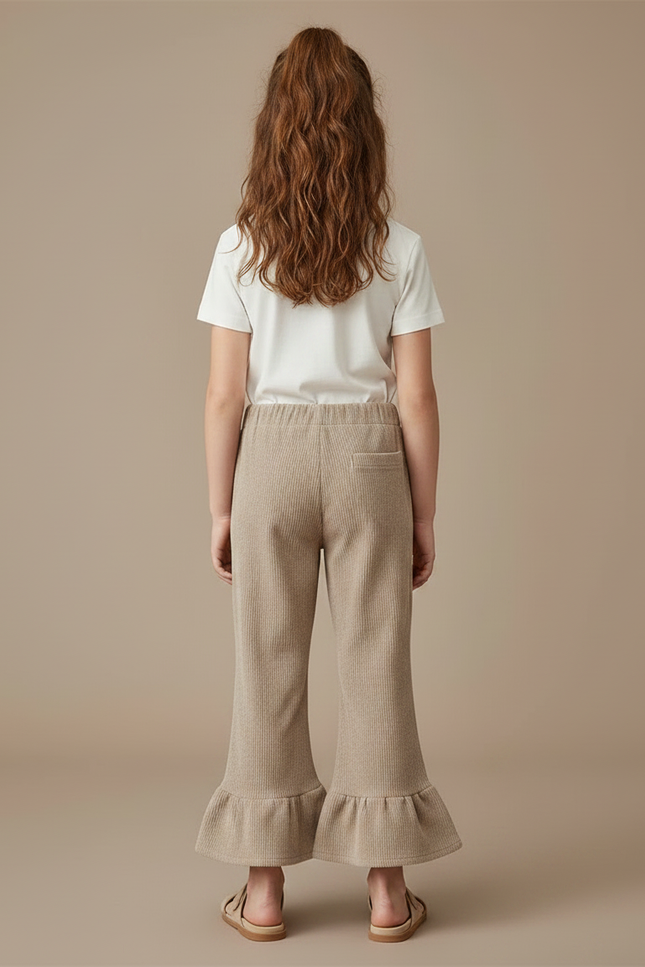 Pantalon Patte D'Éléphant Fille Côtelé Beige Volants Confortable - Maille - vue 2