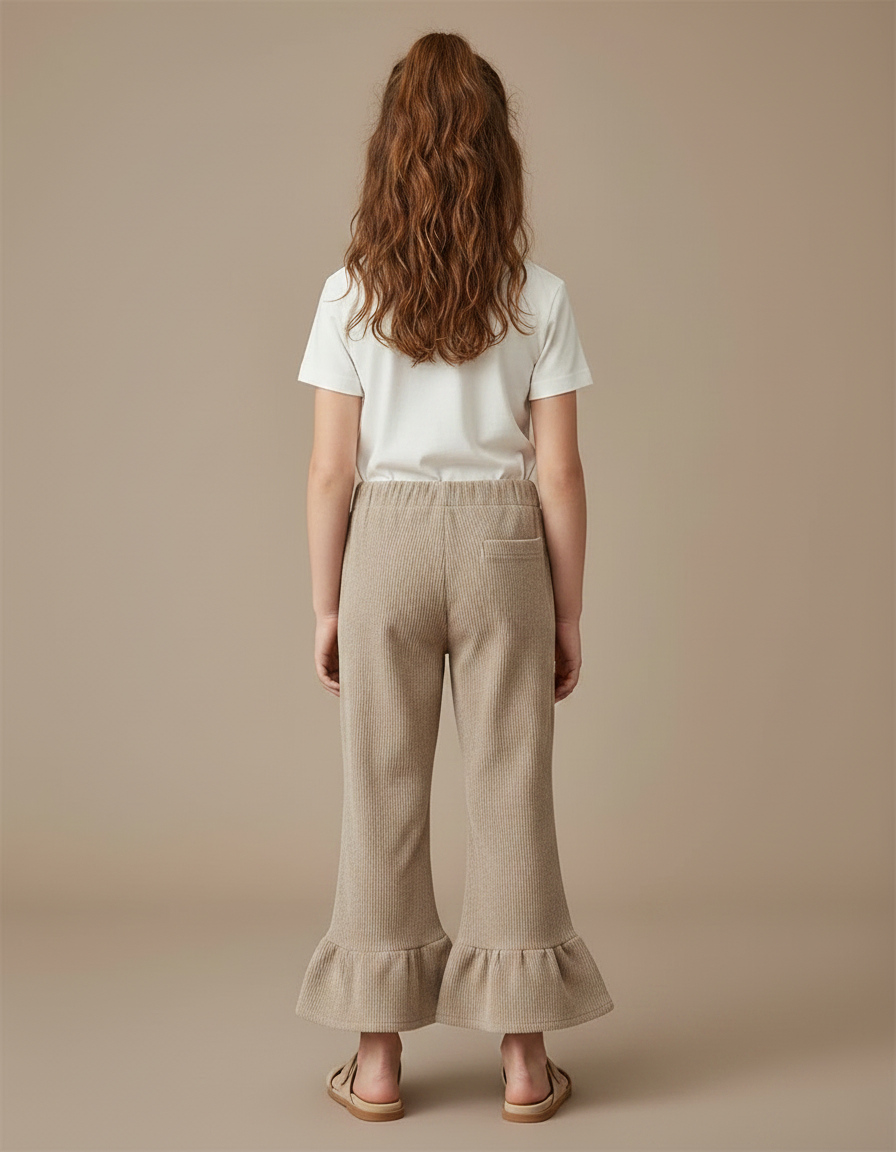 Pantalon Patte D'Éléphant Fille Côtelé Beige Volants Confortable - Maille - vue 2