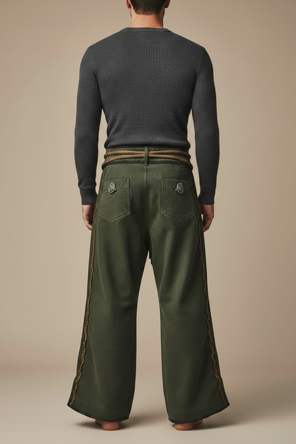 Pantalon Patte D'Éléphant Vert Brodé Arbre Celtique Ample - Cordé - vue 2