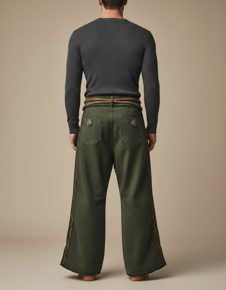 Pantalon Patte D'Éléphant Vert Brodé Arbre Celtique Ample - Cordé - vue 2