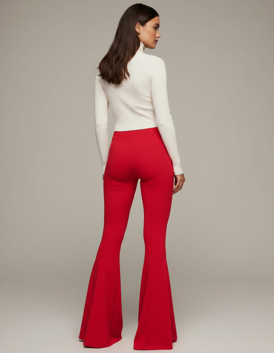Pantalon Patte D'Éléphant Rouge Évasé Taille Haute Slim - Maille - vue 2