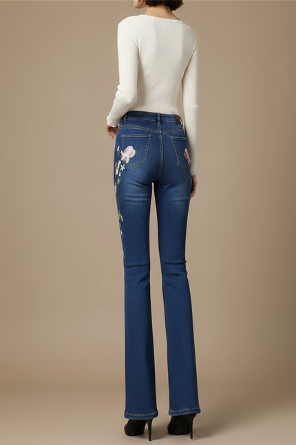 Pantalon Patte D'Éléphant Bleu Brodé Floral Vintage Stretch - Jean - vue 2