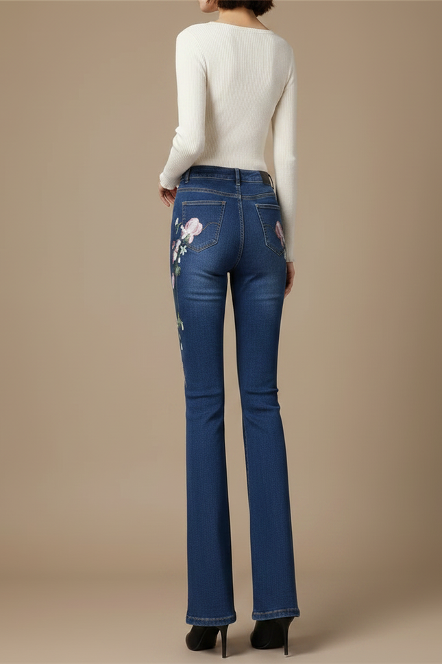 Pantalon Patte D'Éléphant Bleu Brodé Floral Vintage Stretch - Jean - vue 2