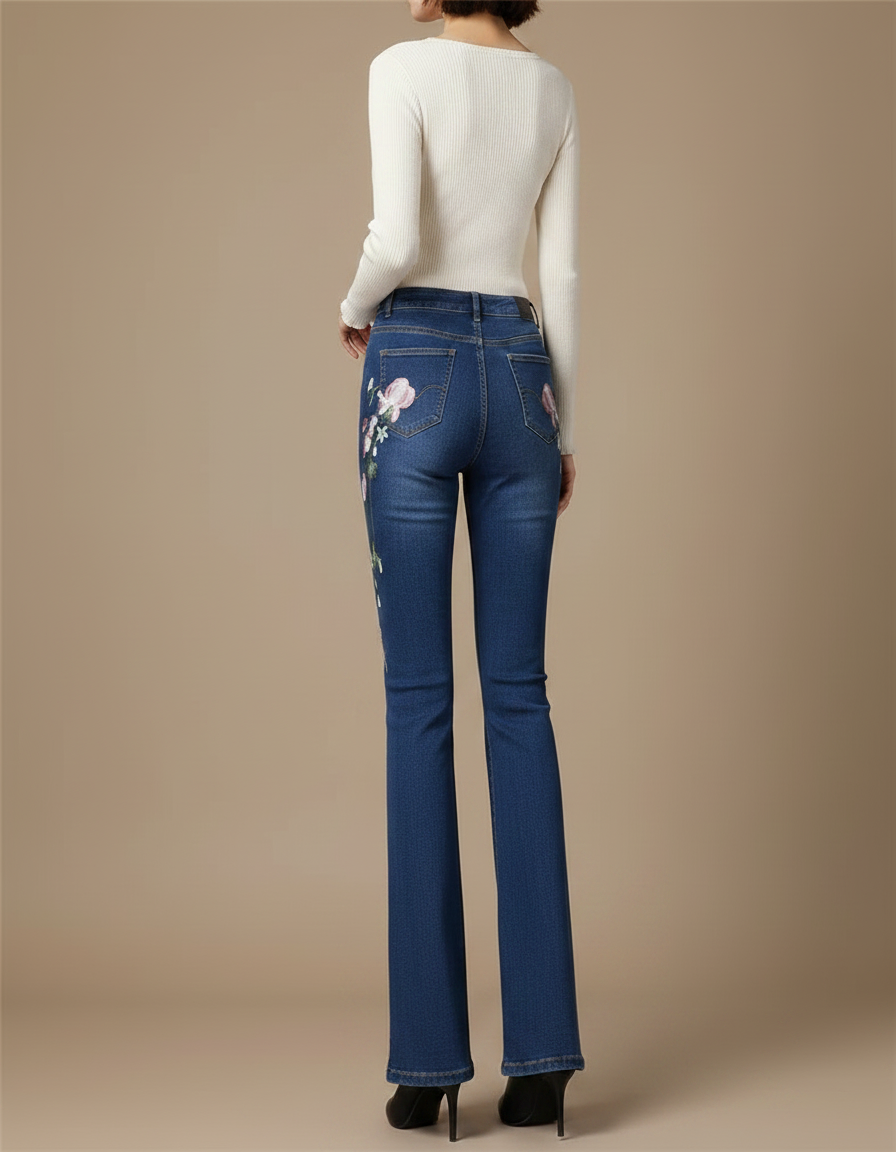 Pantalon Patte D'Éléphant Bleu Brodé Floral Vintage Stretch - Jean - vue 2