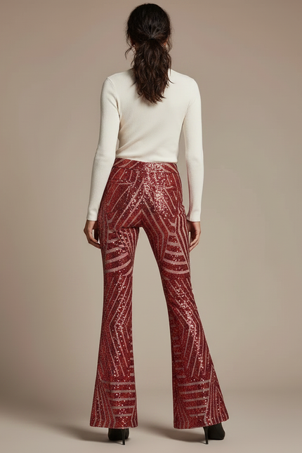 Pantalon Patte D'Éléphant Rouge Pailleté Motif Géométrique Évasé - Maille - vue 2