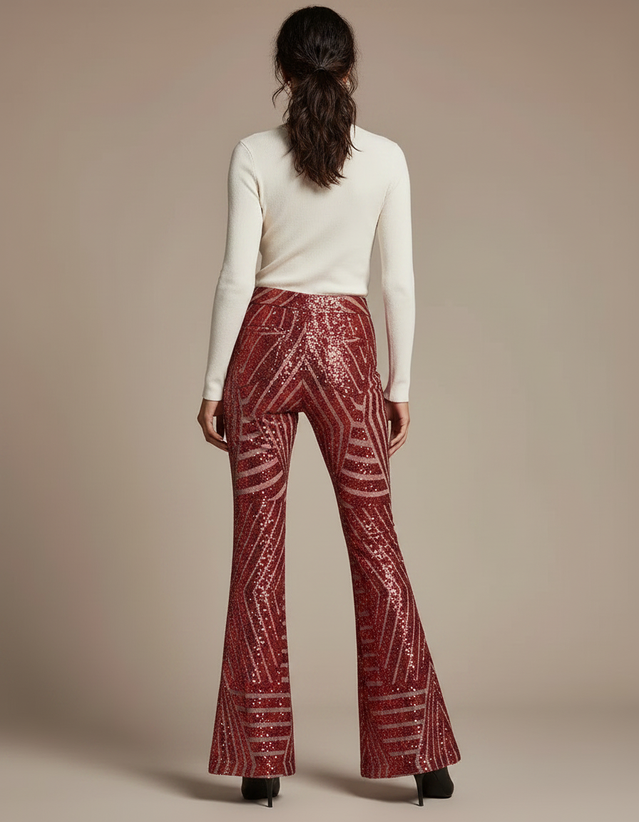 Pantalon Patte D'Éléphant Rouge Pailleté Motif Géométrique Évasé - Maille - vue 2