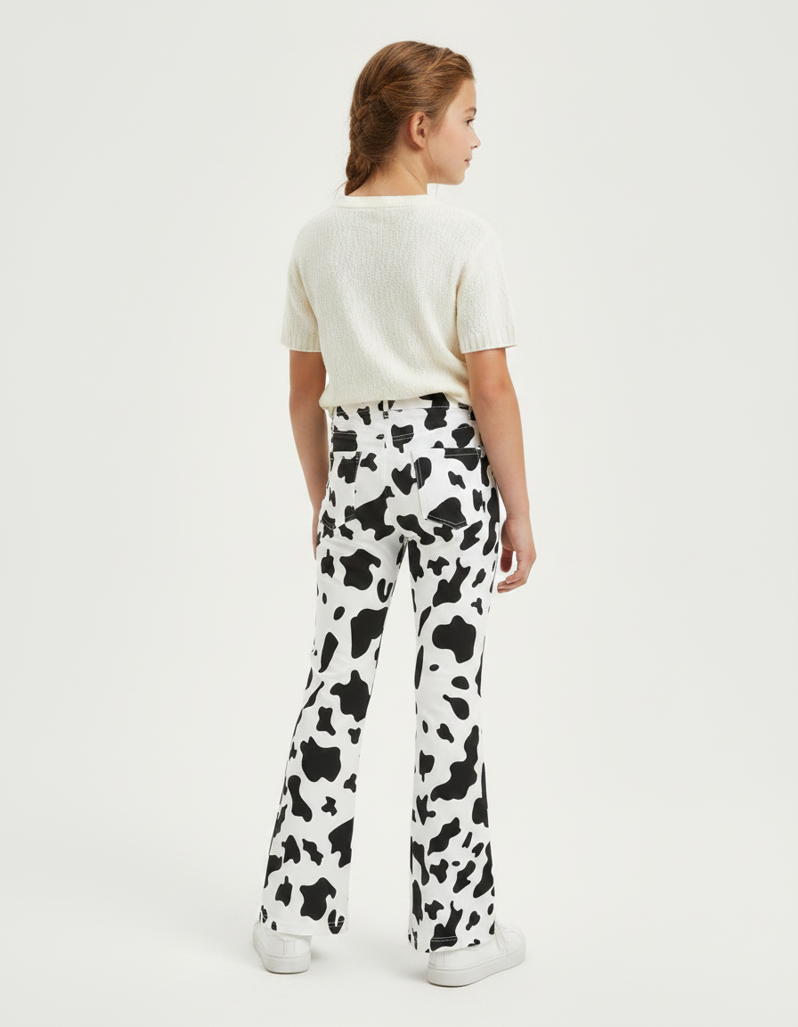 Pantalon Patte D'Éléphant Imprimé Vache Noir Blanc Fille - Maille - vue 2