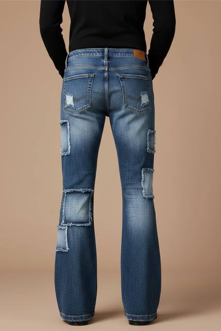 Pantalon Patte D'Éléphant Bleu Patchwork Vintage Délavé Homme - Jean - vue 2