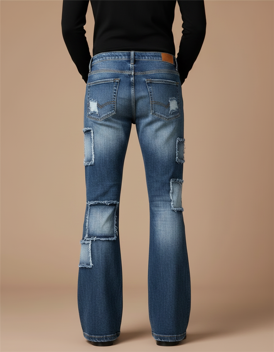Pantalon Patte D'Éléphant Bleu Patchwork Vintage Délavé Homme - Jean - vue 2