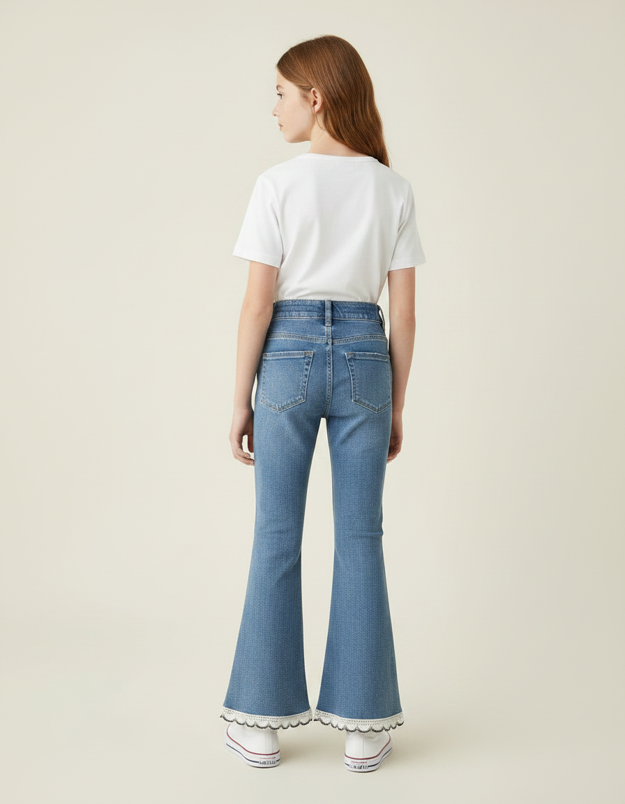 Pantalon Patte D'Éléphant Denim Bleu Dentelle Évasé Fille - Jean - vue 2