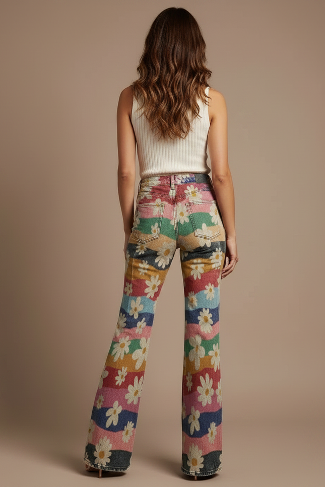Pantalon Patte D'Éléphant Coloré Fleuri Taille Haute Vintage - Multicolore Jean - vue 2