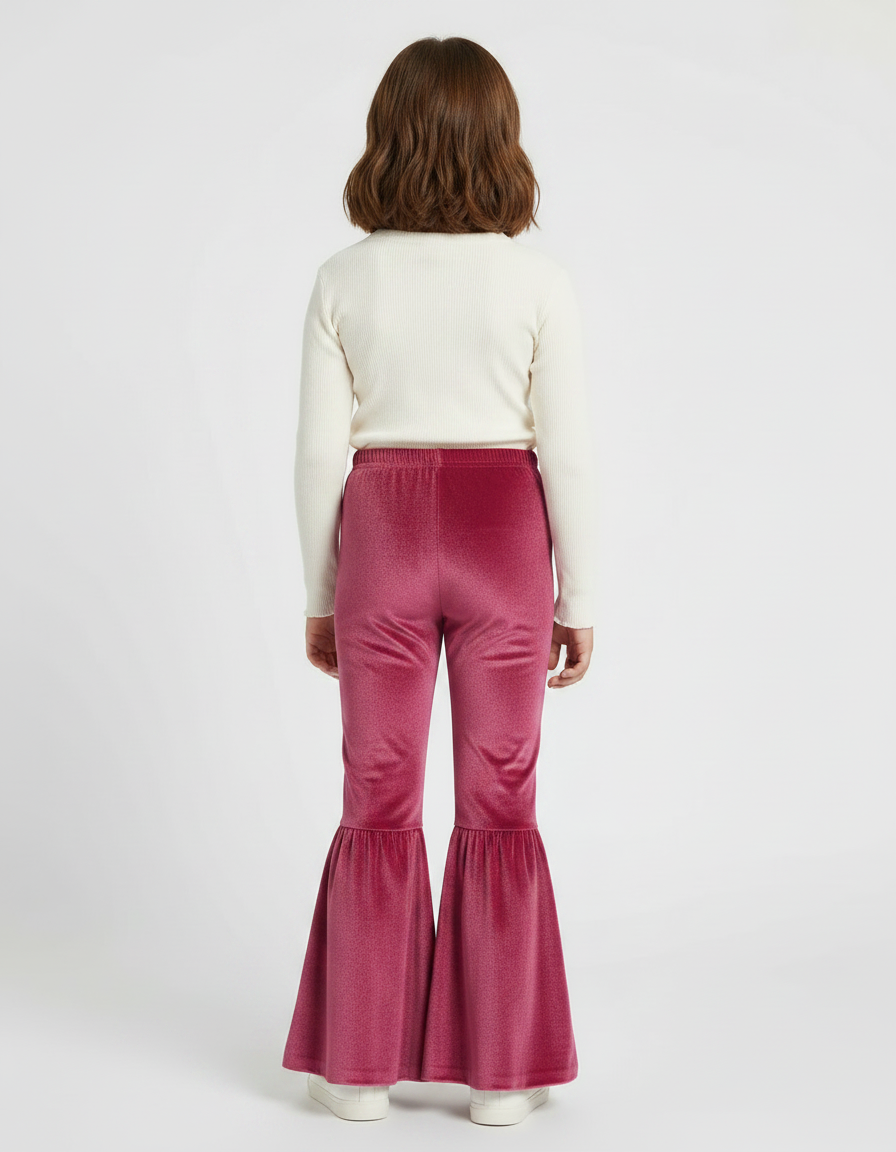 Pantalon Patte D'Éléphant Velours Rose Évasé Fille Doux - vue 2