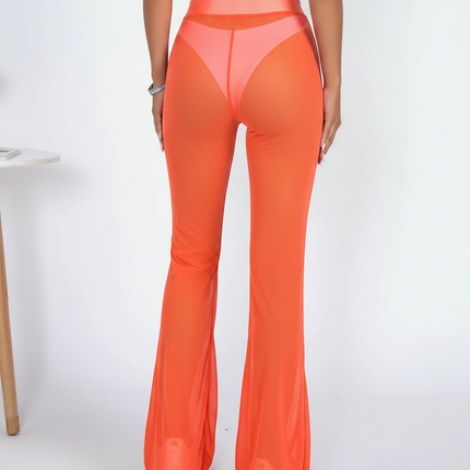 Pantalon Patte D'Éléphant Orange Transparent Maille Évasé Sexy