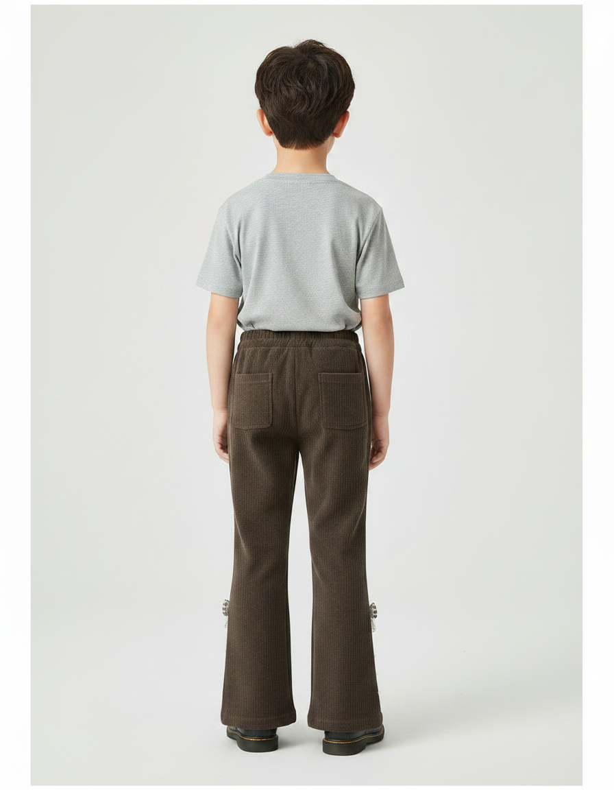 Pantalon Patte D'Éléphant Marron Côtelé Évasé Nœuds Perles - Cordé - vue 2
