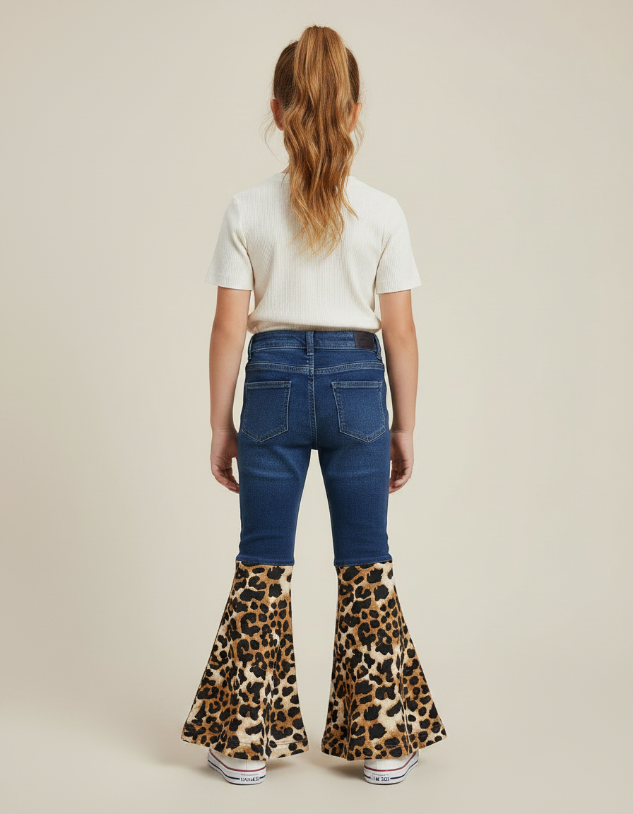 Pantalon Patte D'Éléphant Léopard Denim Bleu Fille - Imprimé Jean - vue 2