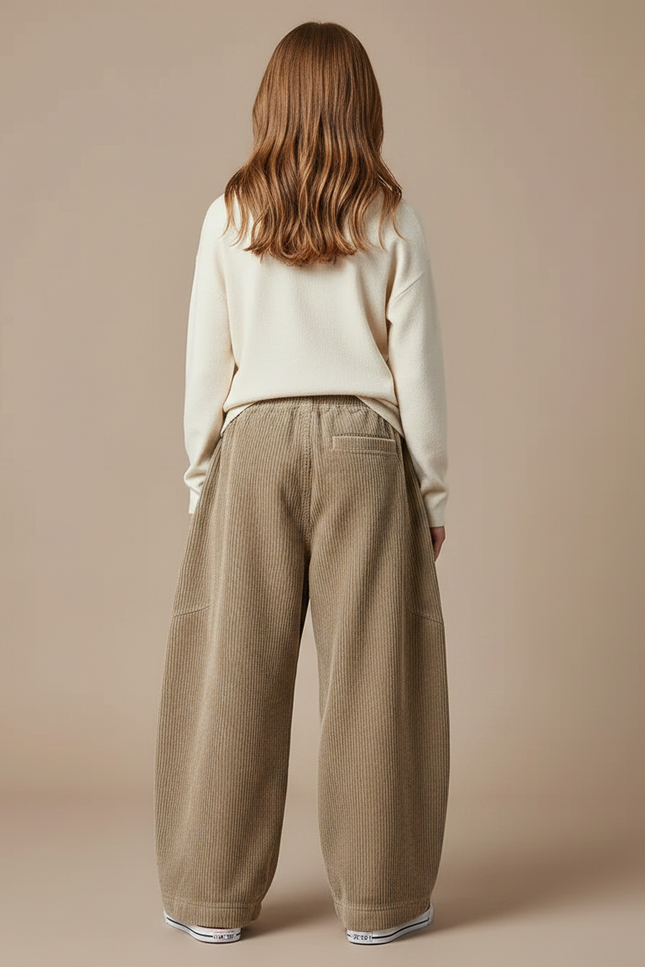 Pantalon Patte D'Éléphant Velours Côtelé Marron Ample Décontracté Enfant - Cordé - vue 2