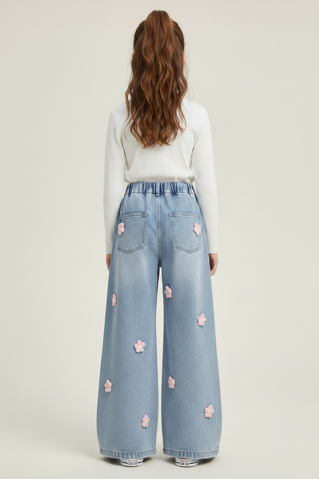 Pantalon Patte D'Éléphant Large Délavé Floral Fille Denim - Bleu Jean - vue 2