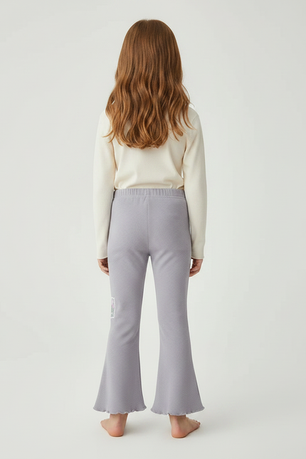 Pantalon Patte D'Éléphant Gris Côtelé Évasé Fleuri Fille - Maille - vue 2