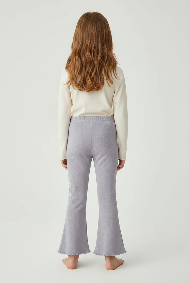 Pantalon Patte D'Éléphant Gris Côtelé Évasé Fleuri Fille - Maille - vue 2