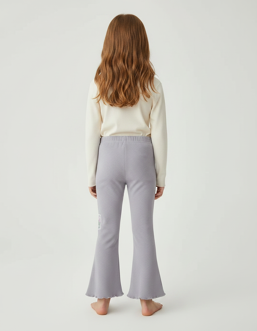 Pantalon Patte D'Éléphant Gris Côtelé Évasé Fleuri Fille - Maille - vue 2