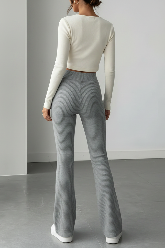 Pantalon Patte D'Éléphant Gris Côtelé Taille Haute Évasé - Maille - vue 2