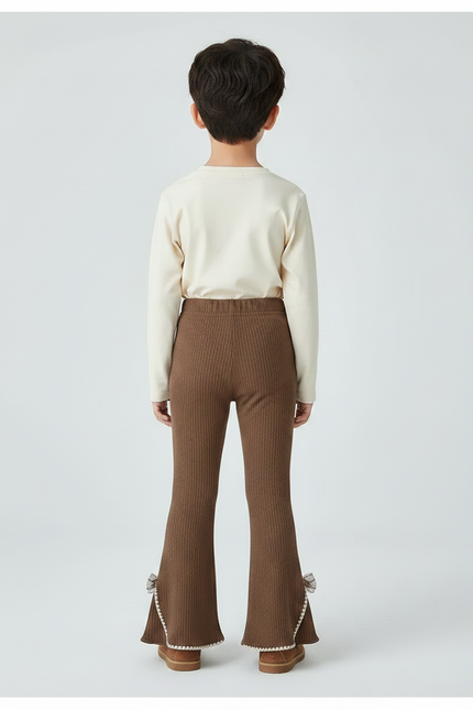 Pantalon Patte D'Éléphant Marron Côtelé Évasé Nœuds Enfant - Maille - vue 2