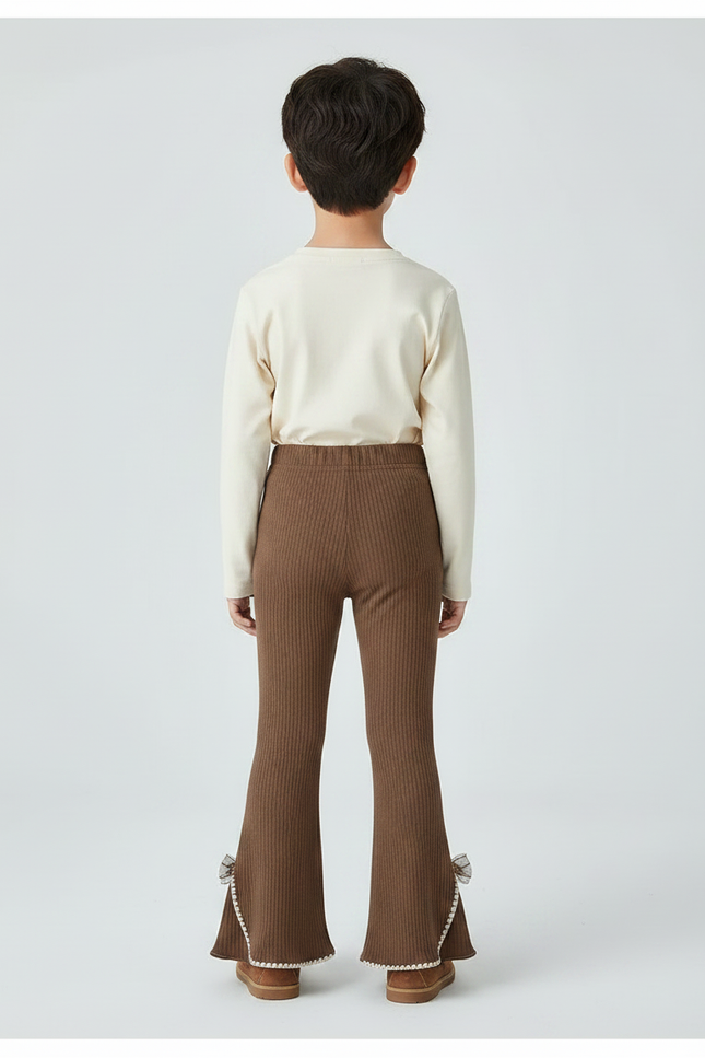 Pantalon Patte D'Éléphant Marron Côtelé Évasé Nœuds Enfant - Maille - vue 2