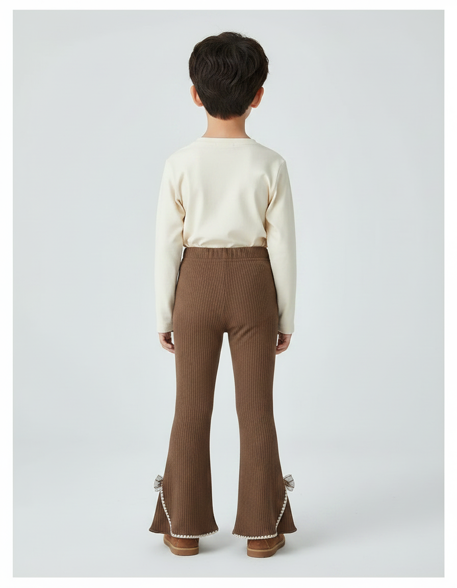 Pantalon Patte D'Éléphant Marron Côtelé Évasé Nœuds Enfant - Maille - vue 2