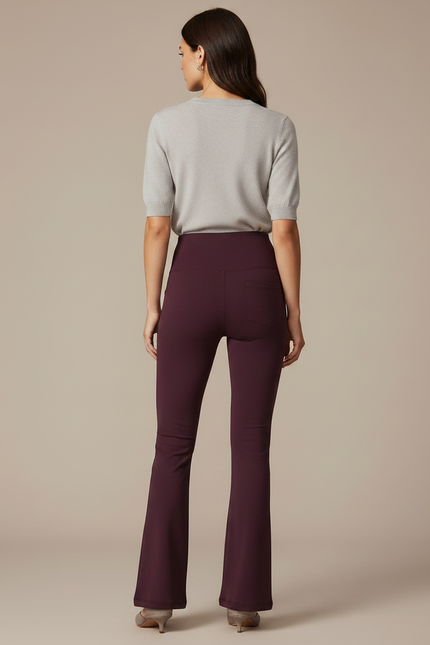 Pantalon Patte D'Éléphant Bordeaux Taille Haute Évasé Élégant Femme - Maille - vue 2