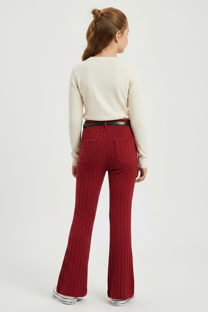 Pantalon Patte D'Éléphant Rouge Côtelé Tricoté Confortable Fille - Bordeaux Maille - vue 2