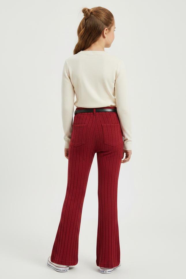 Pantalon Patte D'Éléphant Rouge Côtelé Tricoté Confortable Fille - Bordeaux Maille - vue 2