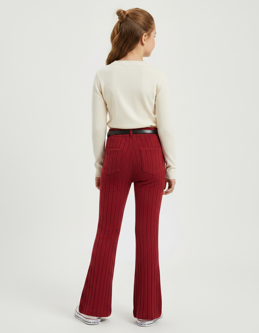 Pantalon Patte D'Éléphant Rouge Côtelé Tricoté Confortable Fille - Bordeaux Maille - vue 2