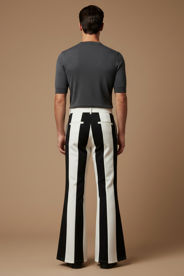 Pantalon Patte D'Éléphant Rayé Noir Blanc Évasé Rétro Homme - Multicolore Gabardine - vue 2