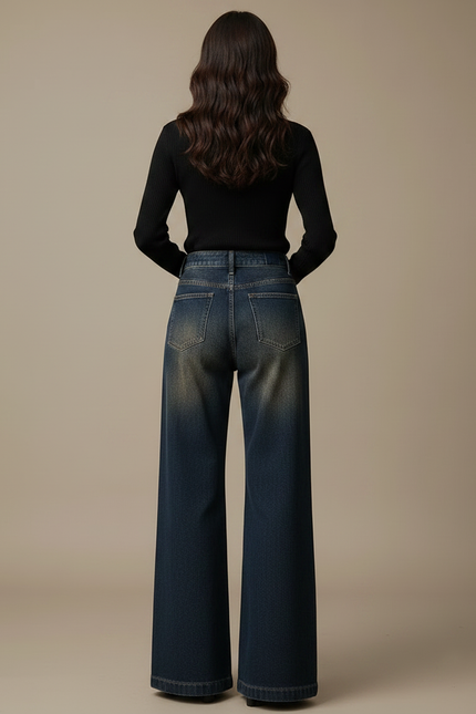 Pantalon Patte D'Éléphant Jean Délavé Taille Haute Ample - Bleu - vue 2