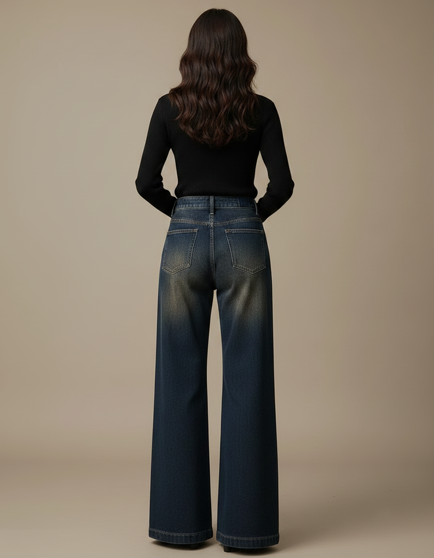 Pantalon Patte D'Éléphant Jean Délavé Taille Haute Ample - Bleu - vue 2