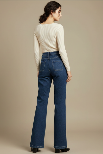 Pantalon Patte D'Éléphant Bleu Denim Taille Haute Élégant - Jean - vue 2