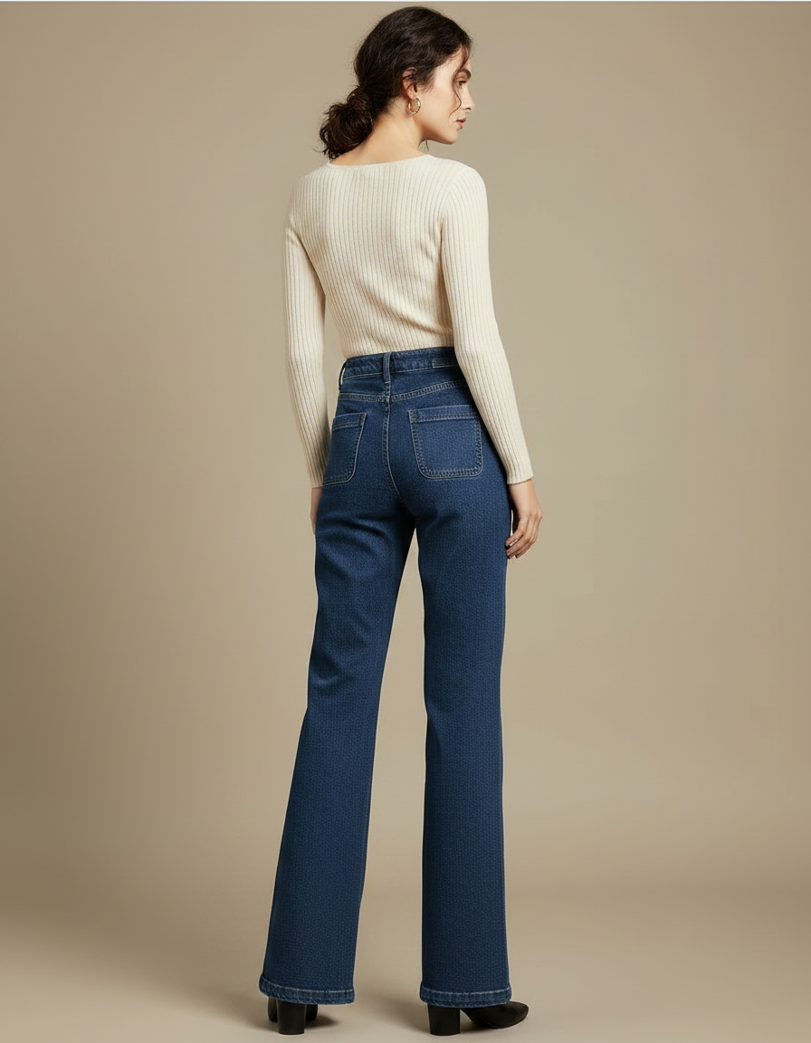 Pantalon Patte D'Éléphant Bleu Denim Taille Haute Élégant - Jean - vue 2