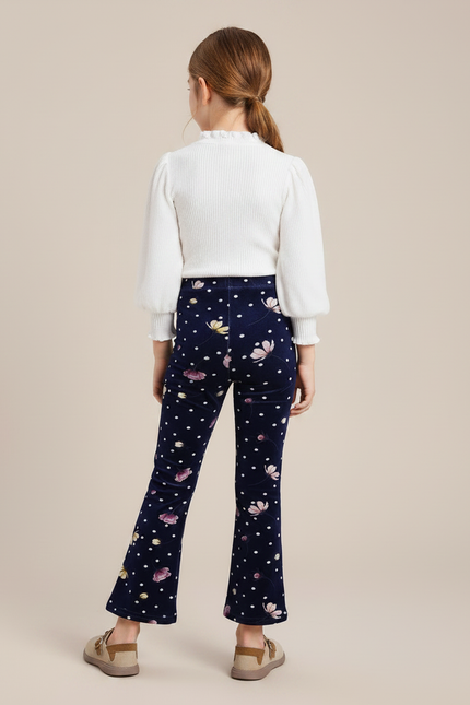 Pantalon Patte D'Éléphant Velours Marine Fleuri Pois Enfant - vue 2
