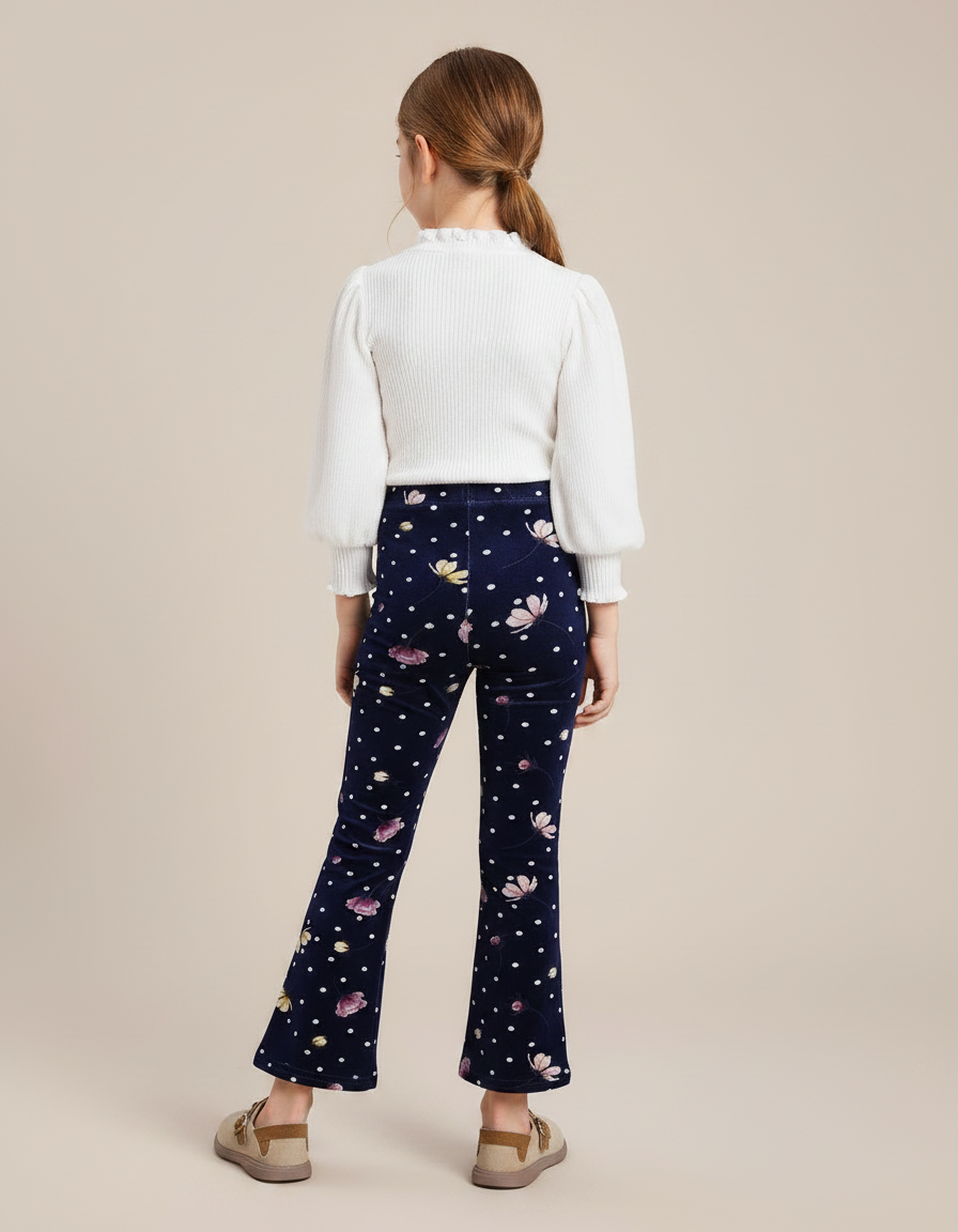 Pantalon Patte D'Éléphant Velours Marine Fleuri Pois Enfant - vue 2