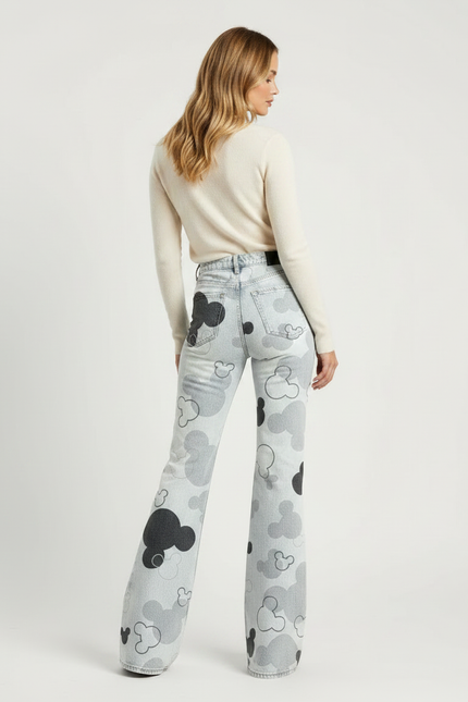 Pantalon Patte D'Éléphant Imprimé Mickey Délavé Taille Haute - Jean - vue 2
